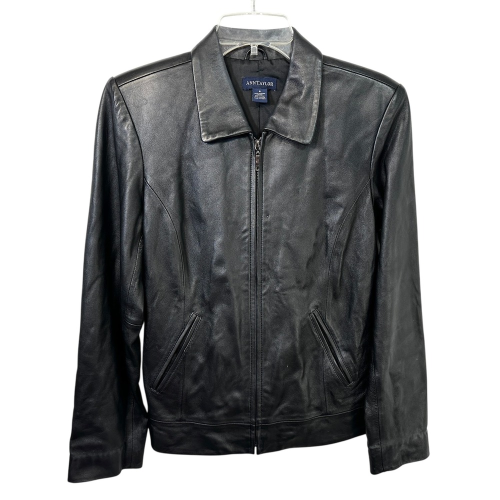 VTG Ann Taylor Small Leather Jacket Black Full Zip Moto Y2K Edgy Genuine 910